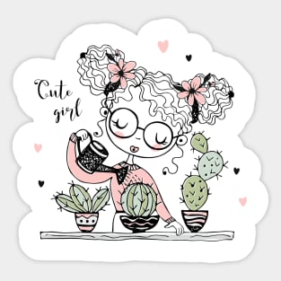 girl planting cactus Sticker